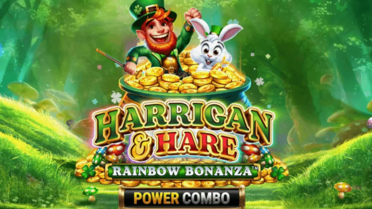 Giao diện trò chơi slot Harrigan & Hare Rainbow Bonanza Power Combo với hình ảnh yêu tinh và thỏ trắng