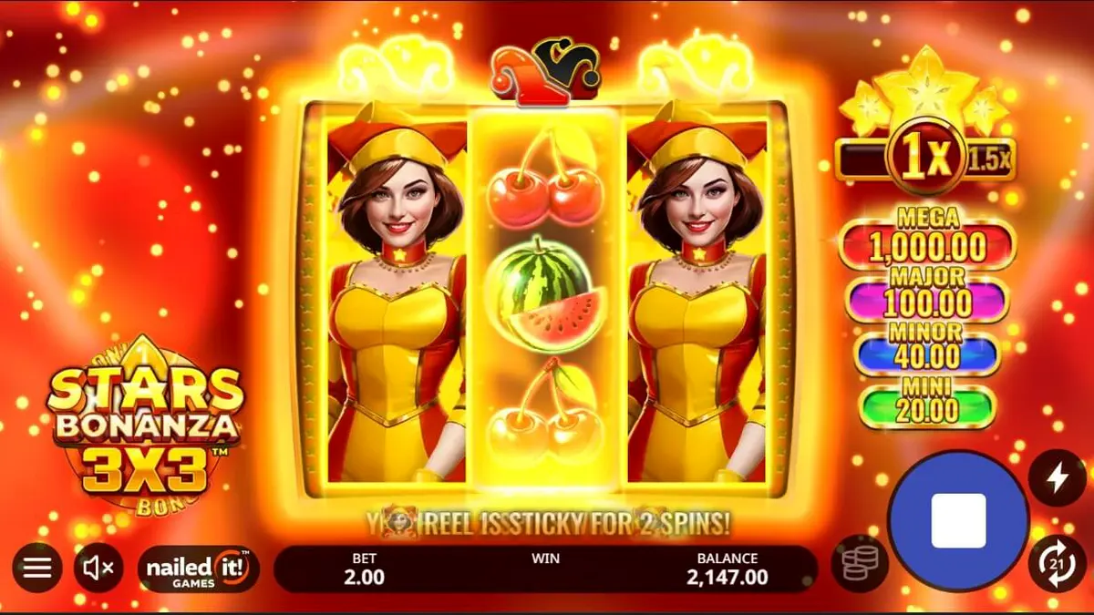 Giao diện trò chơi Stars Bonanza 3x3 với chủ đề trái cây và vũ trụ